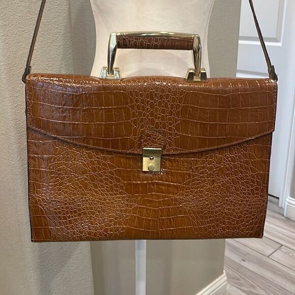 Elegant Brown Crocodile-Embossed Satchel - Picture 1 of 7